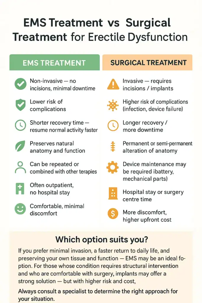 A table showing the benefits of EMS chair for erectile dysfunction treatment Kingston Upon Thames compared to surgery.